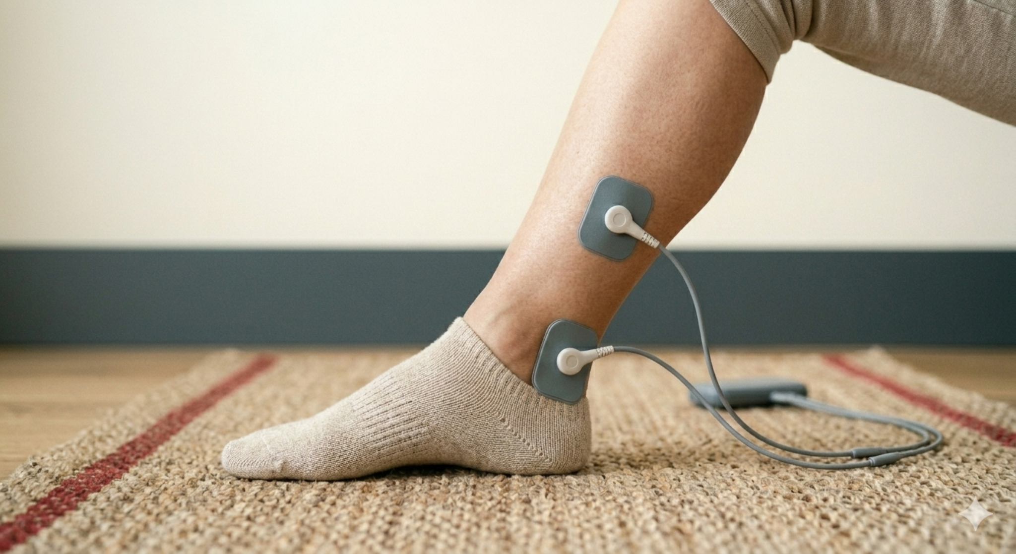 TTNS-style ankle placement with two electrodes positioned near the inside of the ankle.